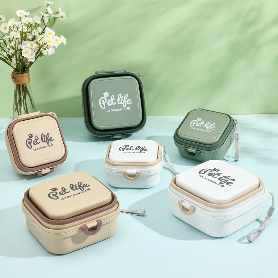 🐶Bol double extérieur carré : la solution ultime pour nourrir votre animal en déplacement, idéale pour les propriétaires d'animaux en déplacement et en promenade.  